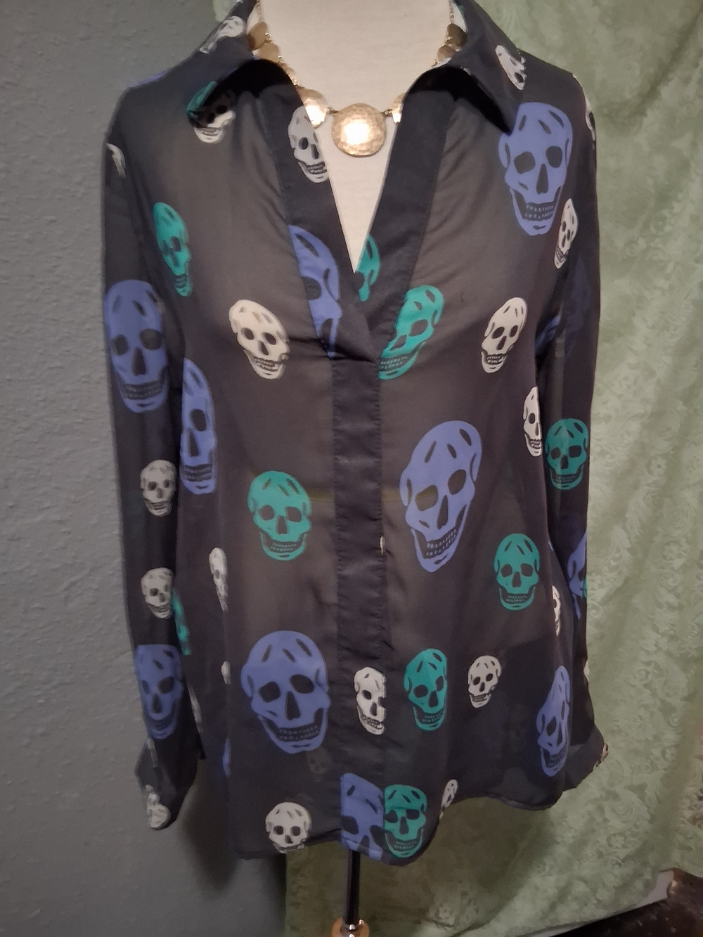 Honey Punch Black Skull Print Button-Front Blouse with Teal & Blue Accents